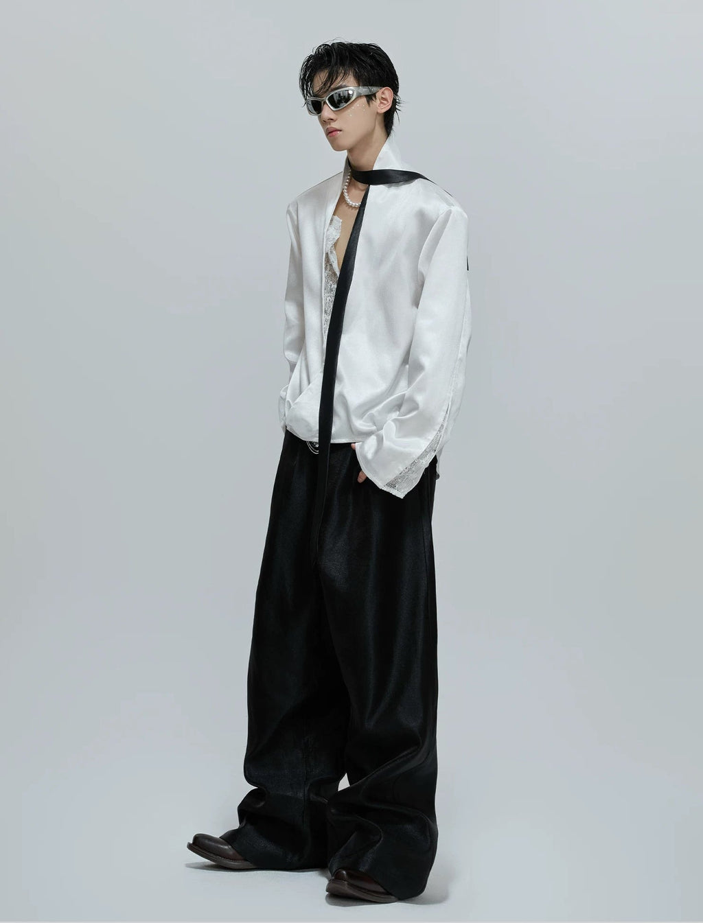 Lace-Panel Layered V-Neck Shirt - COPPING THREADS - Argue Culture