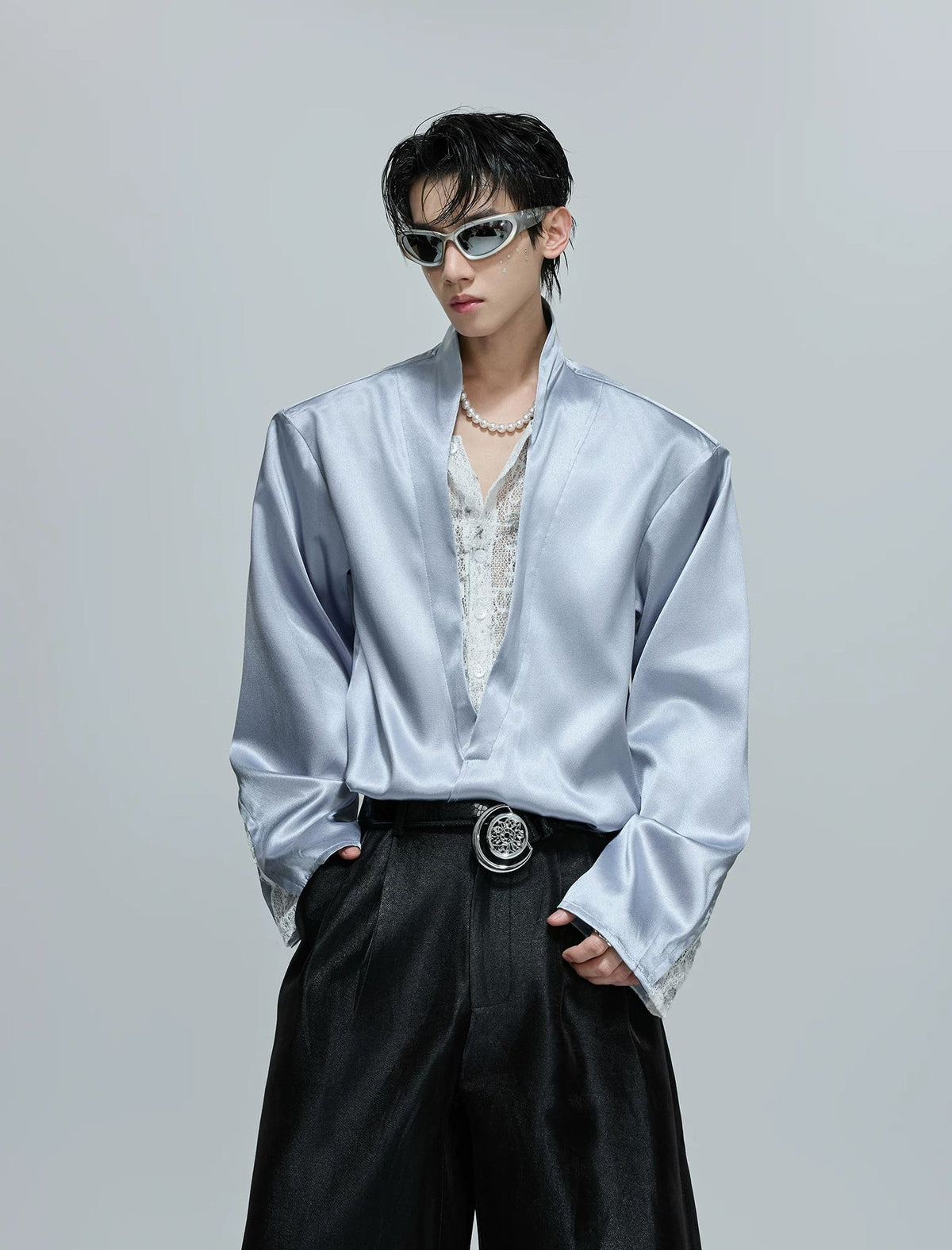 Lace-Panel Layered V-Neck Shirt - COPPING THREADS - Argue Culture
