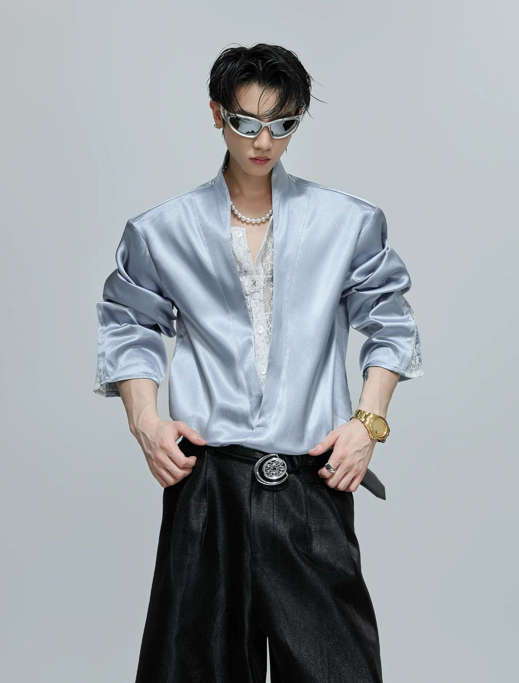 Lace-Panel Layered V-Neck Shirt - COPPING THREADS - Argue Culture