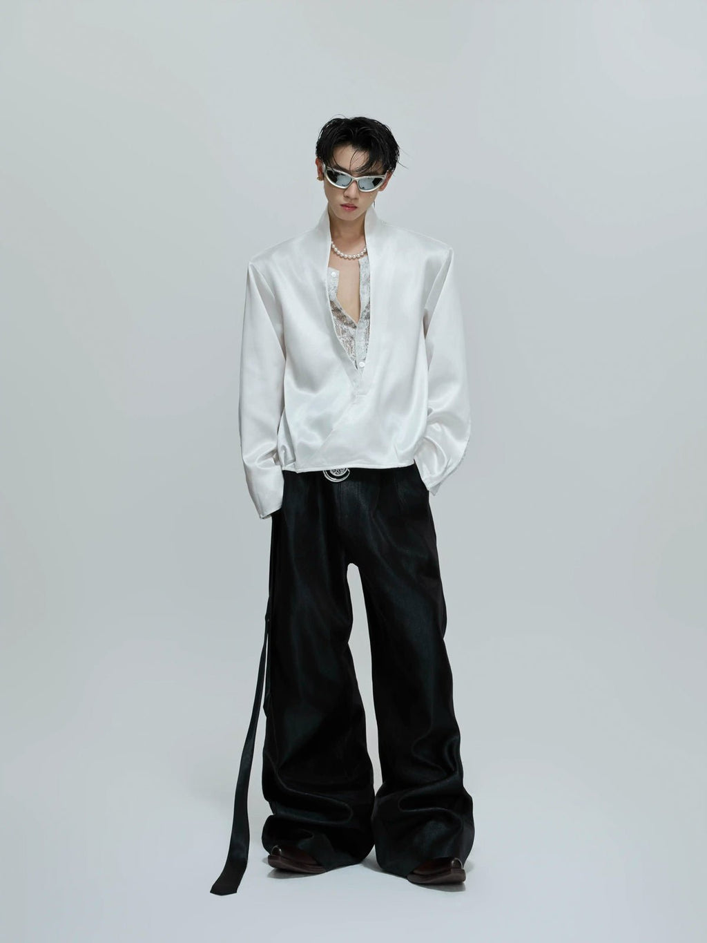 Lace-Panel Layered V-Neck Shirt - COPPING THREADS - Argue Culture