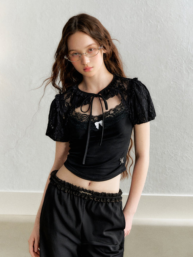 Lace Puff Sleeve Overlay Top Main Image