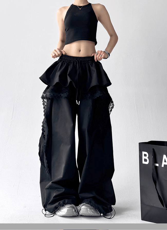 Lace Ruffle Layered Skirt - Paneled Wide Leg Pants - COPPING THREADS - CT Select Hover Image