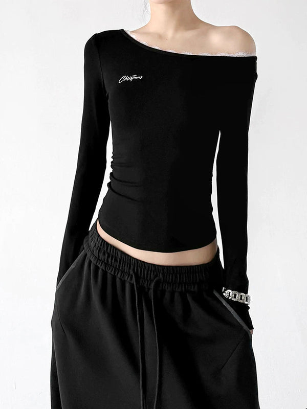 Lace-Trim Asymmetric Long-Sleeve T-Shirt - COPPING THREADS - CT ORIGINALS