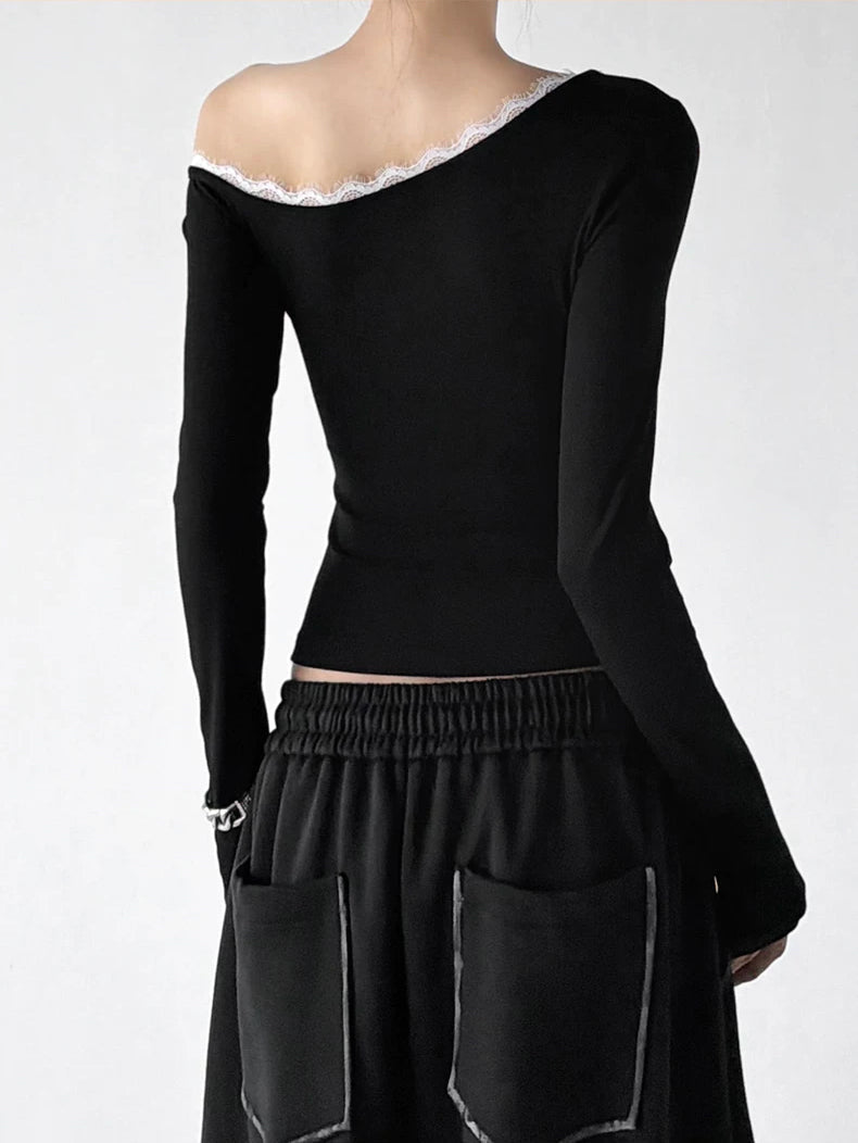 Lace-Trim Asymmetric Long-Sleeve T-Shirt - COPPING THREADS - CT ORIGINALS