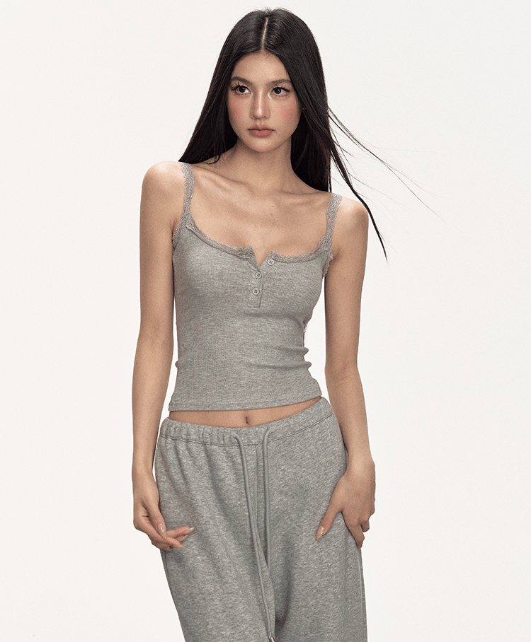 Lace Trim Button Cami Top - COPPING THREADS - Anna Aneae
