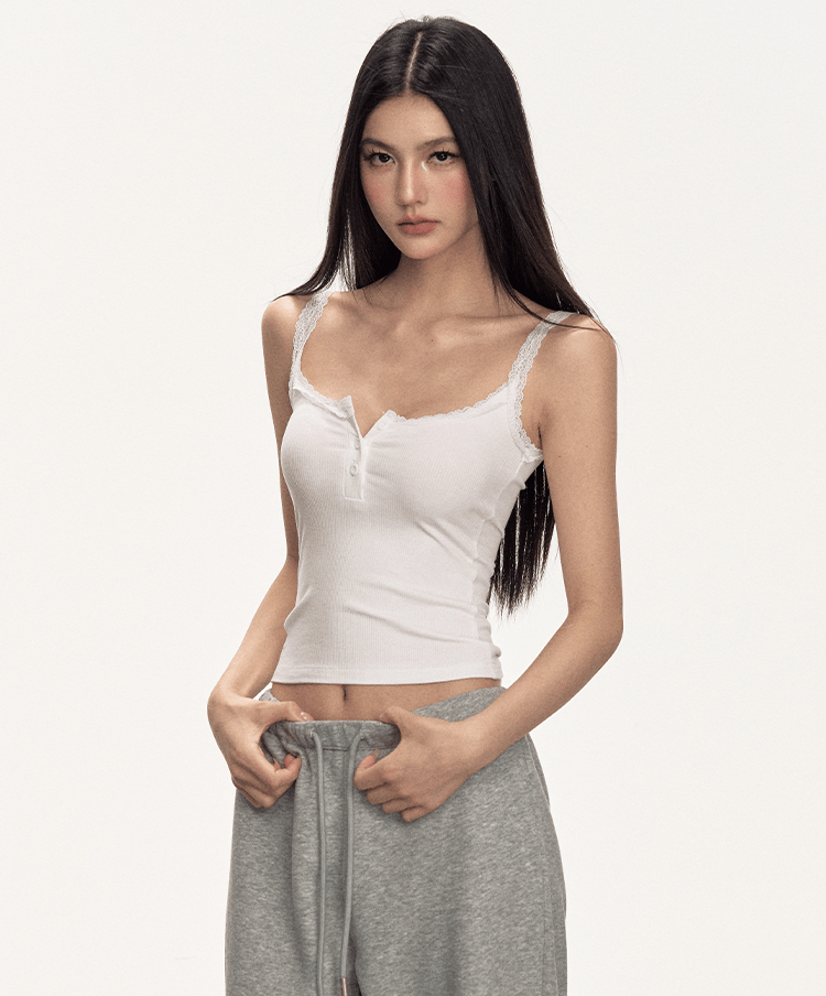 Lace Trim Button Cami Top - COPPING THREADS - Anna Aneae