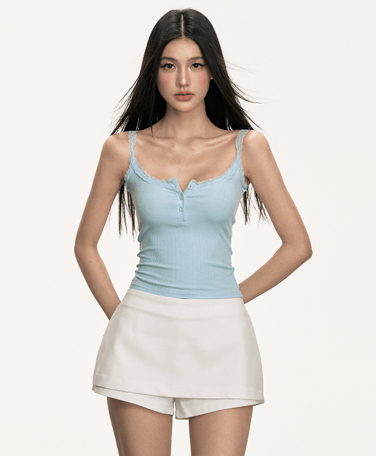 Lace Trim Button Cami Top - COPPING THREADS - Anna Aneae