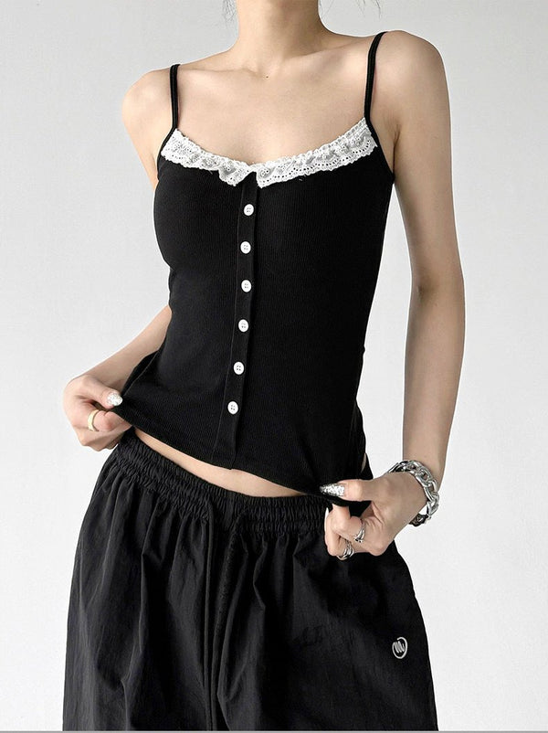 Lace-Trim Button Padded Cami Top - CT017 - COPPING THREADS - CT ORIGINALS