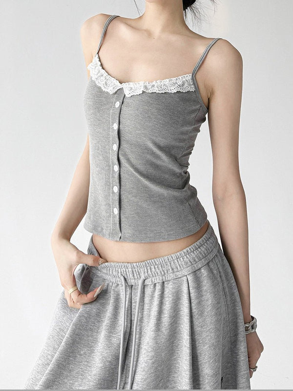 Lace-Trim Button Padded Cami Top - CT017 - COPPING THREADS - CT ORIGINALS