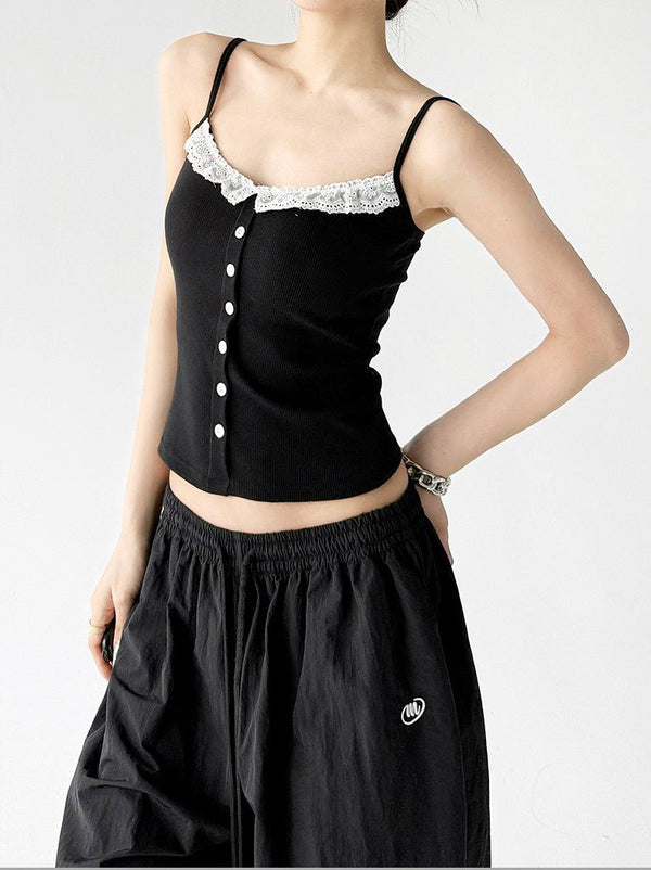 Lace-Trim Button Padded Cami Top - CT017 - COPPING THREADS - CT ORIGINALS