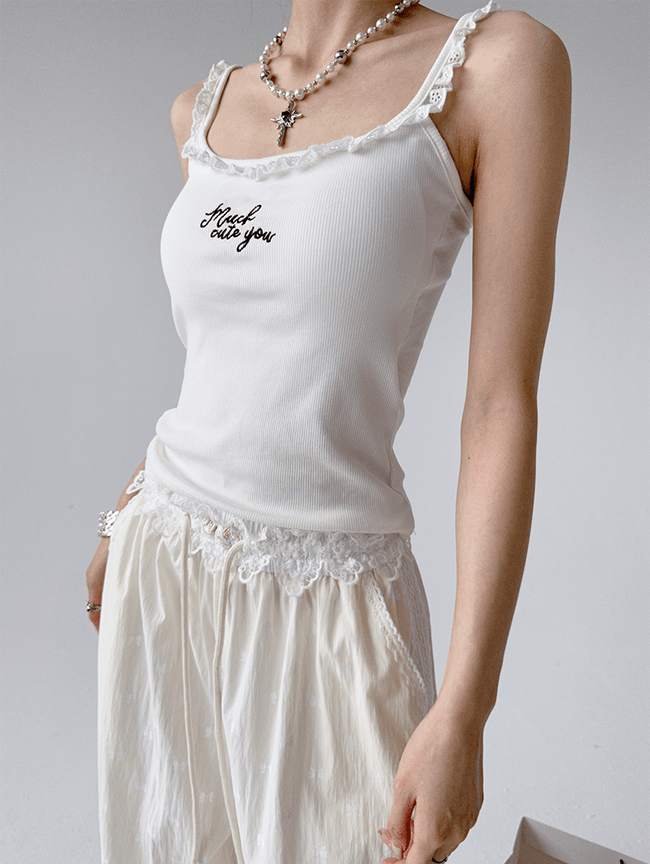 Lace Trim Fitted Ribbed Tank Top Main Image