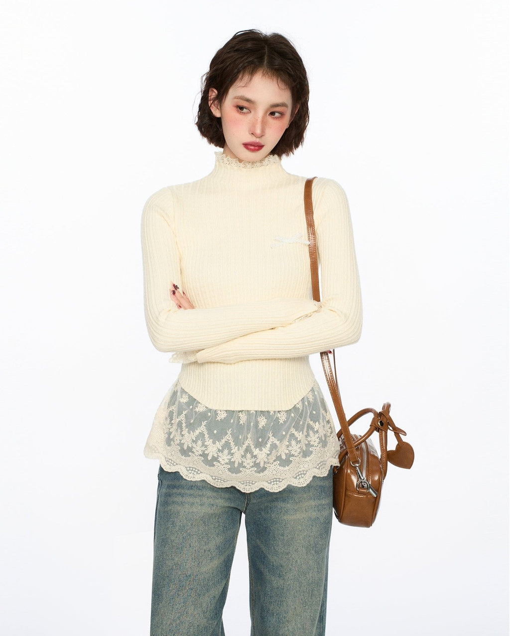 Lace Trim Mock Neck Knit Sweater - COPPING THREADS - CT Select