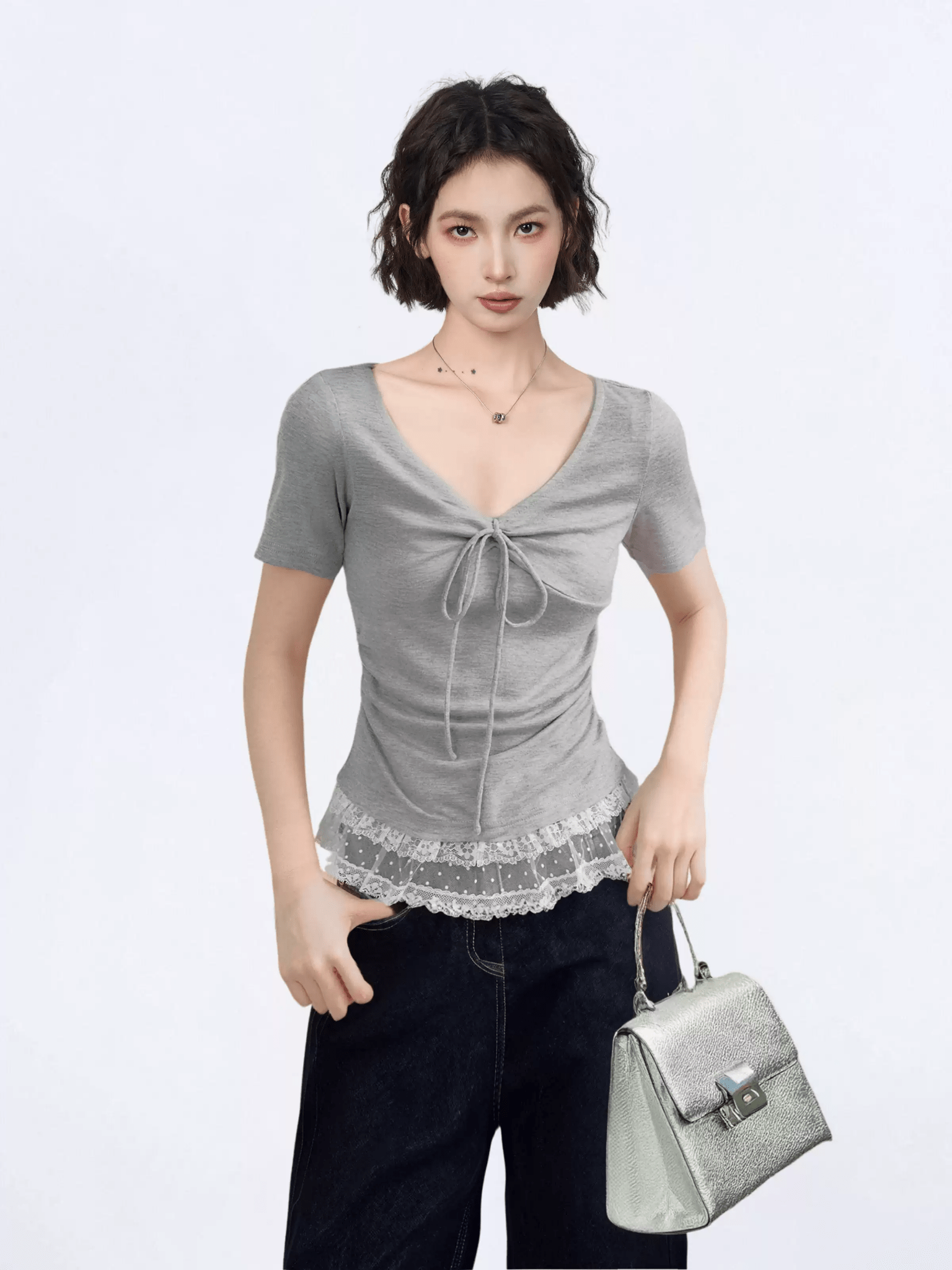 Lace Trim Ruched V - Neck Fitted Tee - COPPING THREADS - CT Select