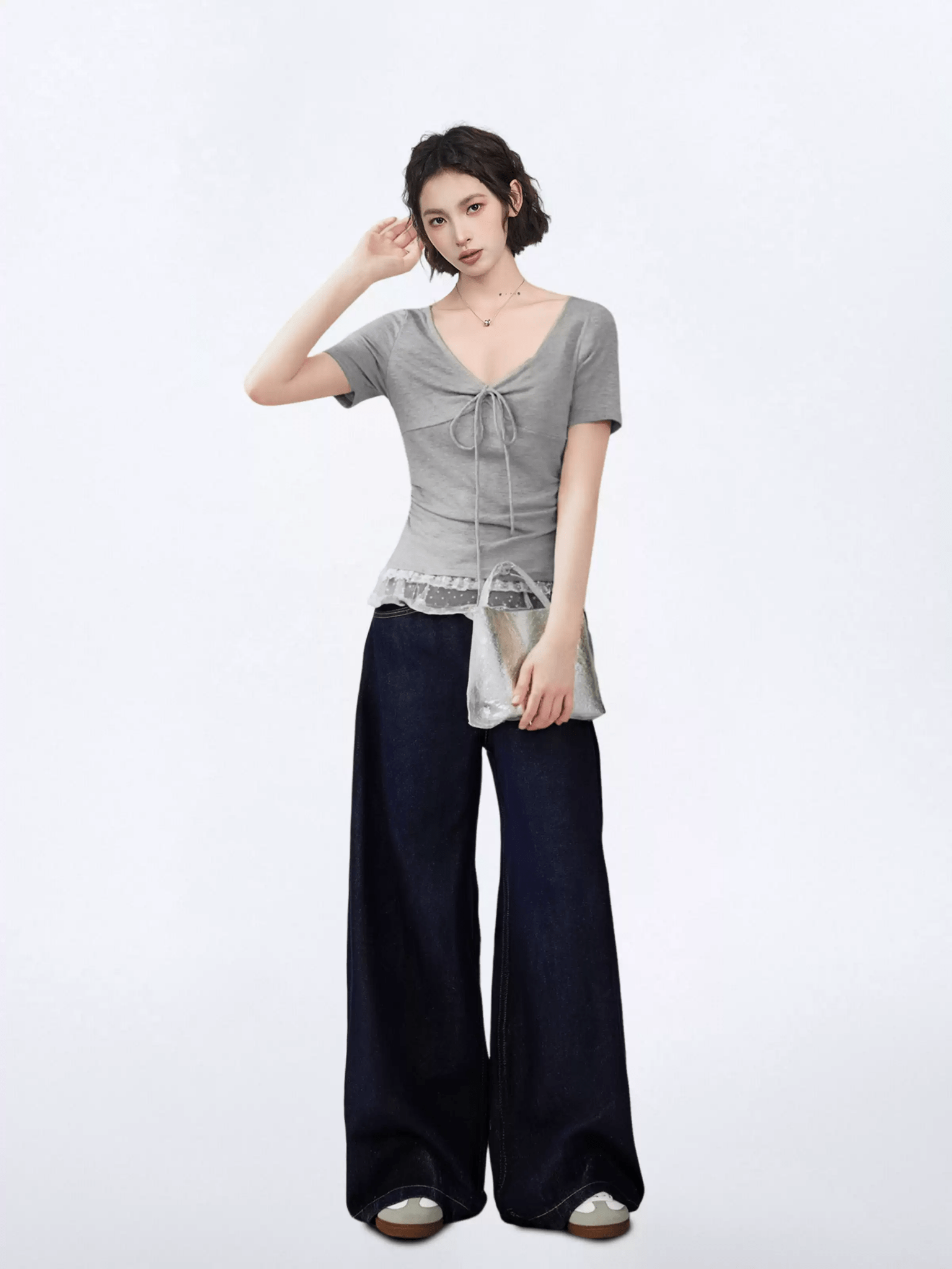 Lace Trim Ruched V - Neck Fitted Tee - COPPING THREADS - CT Select