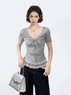 Lace Trim Ruched V - Neck Fitted Tee - COPPING THREADS - CT Select