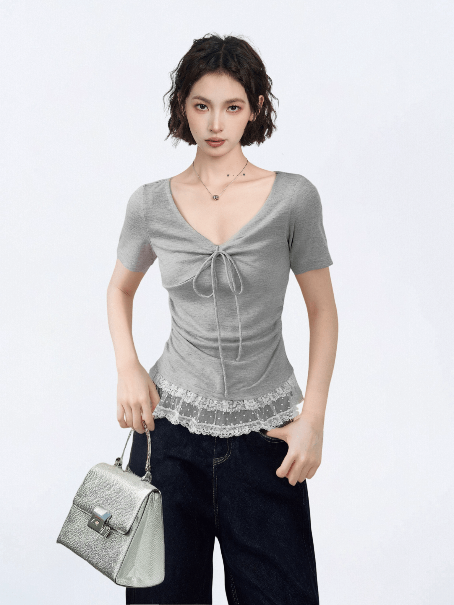 Lace Trim Ruched V - Neck Fitted Tee - COPPING THREADS - CT Select