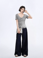 Lace Trim Ruched V - Neck Fitted Tee - COPPING THREADS - CT Select