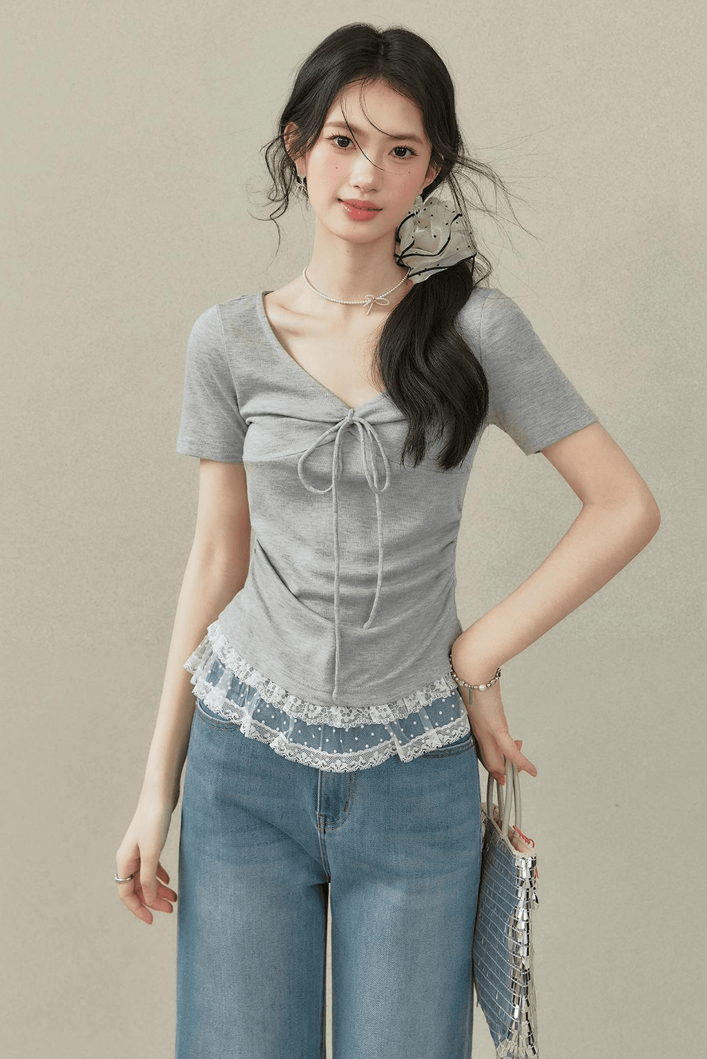 Lace Trim Ruched V - Neck Fitted Tee - COPPING THREADS - CT Select