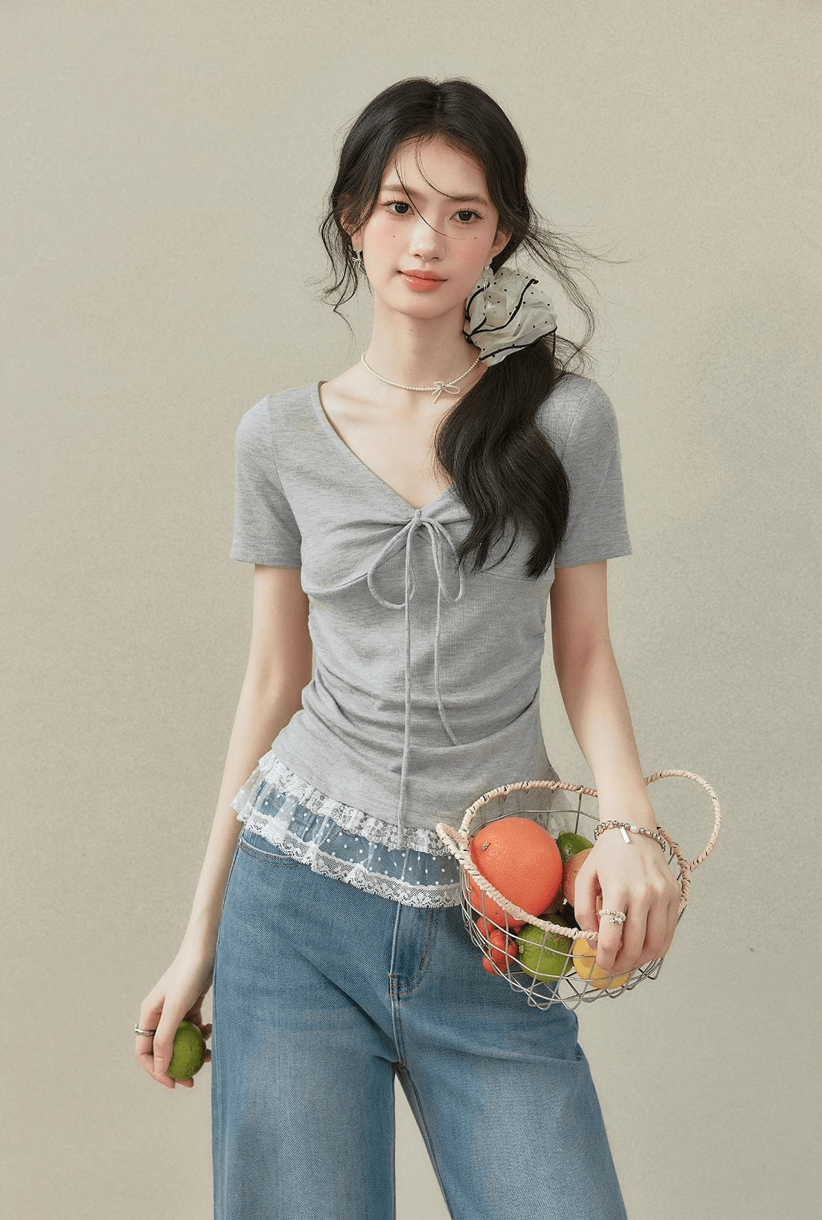 Lace Trim Ruched V - Neck Fitted Tee - COPPING THREADS - CT Select