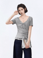 Lace Trim Ruched V - Neck Fitted Tee - COPPING THREADS - CT Select