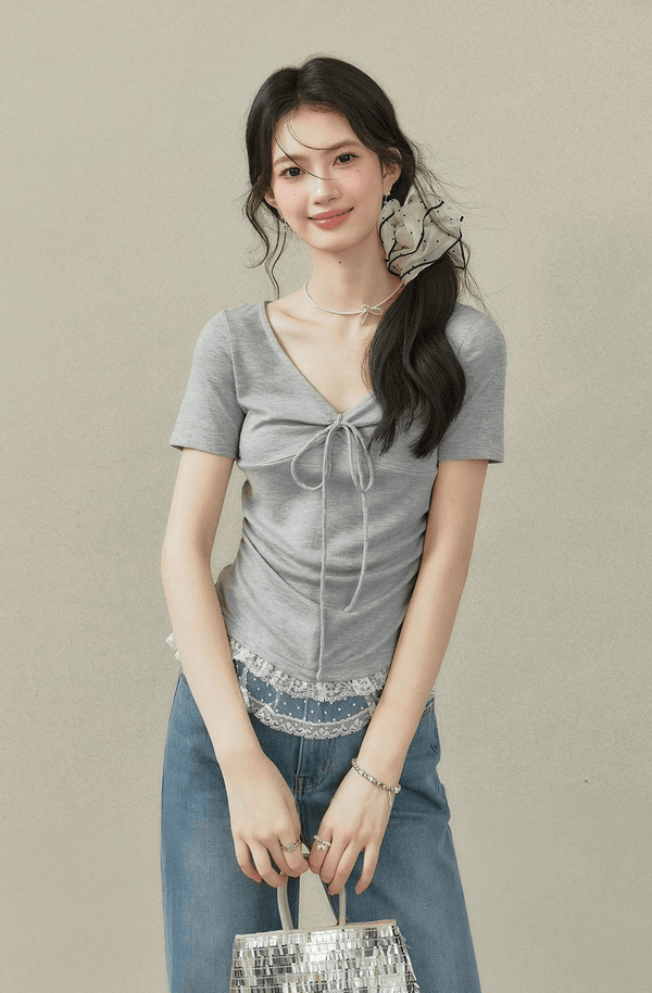 Lace Trim Ruched V - Neck Fitted Tee - COPPING THREADS - CT Select