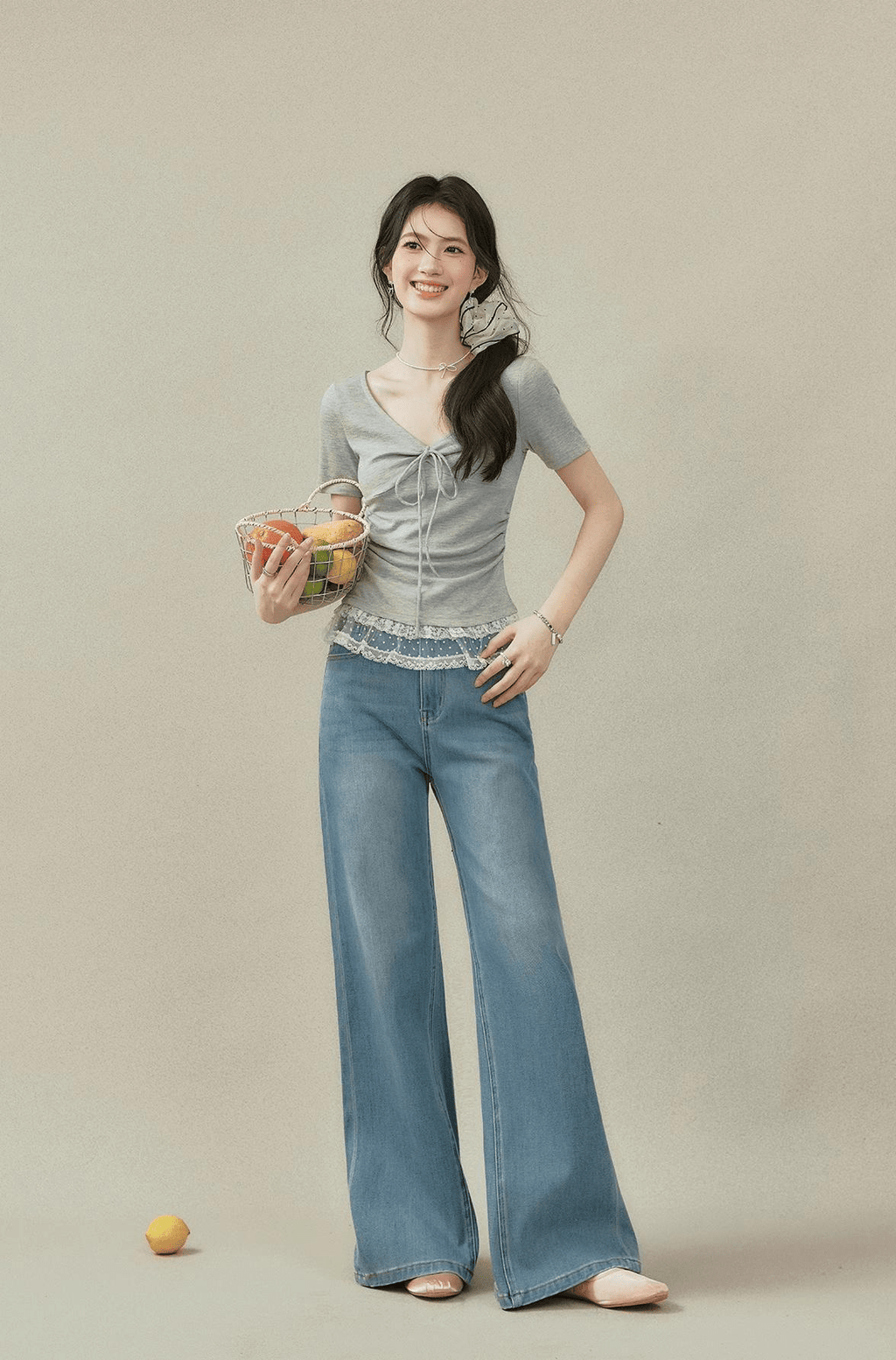 Lace Trim Ruched V - Neck Fitted Tee - COPPING THREADS - CT Select