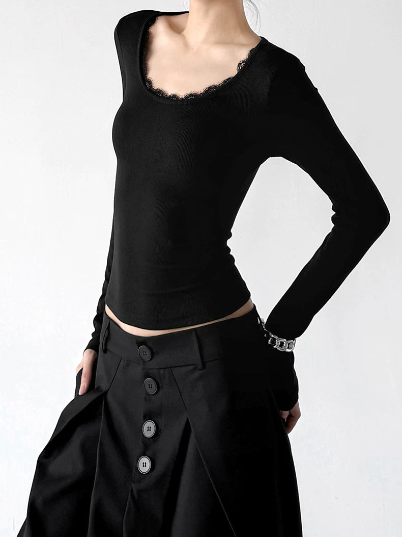 Lace-Trim Scoop-Neck Long-Sleeve T-Shirt - COPPING THREADS - CT ORIGINALS