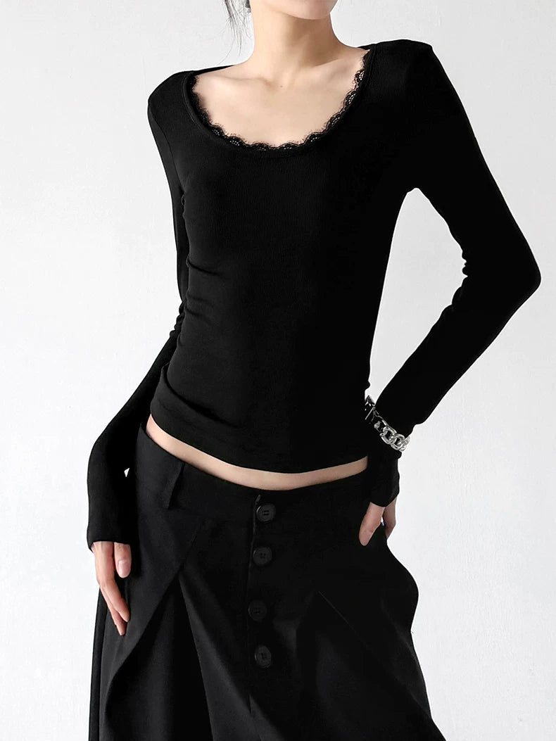 Lace-Trim Scoop-Neck Long-Sleeve T-Shirt - COPPING THREADS - CT ORIGINALS