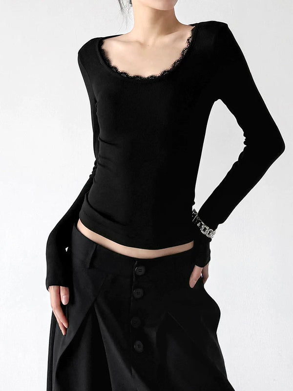 Lace-Trim Scoop-Neck Long-Sleeve T-Shirt - COPPING THREADS - CT ORIGINALS