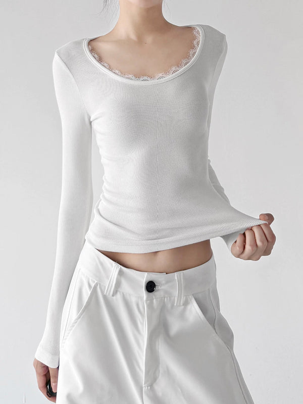 Lace-Trim Scoop-Neck Long-Sleeve T-Shirt - COPPING THREADS - CT ORIGINALS