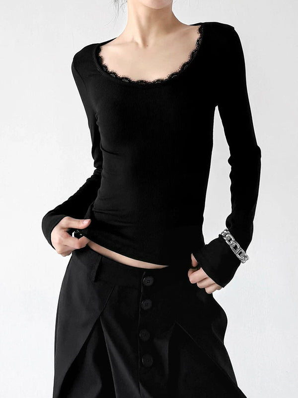 Lace-Trim Scoop-Neck Long-Sleeve T-Shirt - COPPING THREADS - CT ORIGINALS