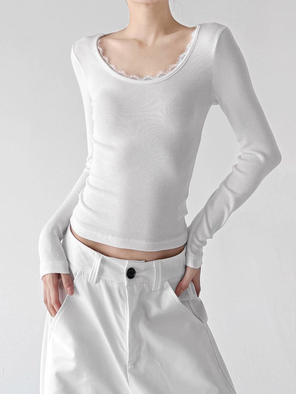 Lace-Trim Scoop-Neck Long-Sleeve T-Shirt - COPPING THREADS - CT ORIGINALS