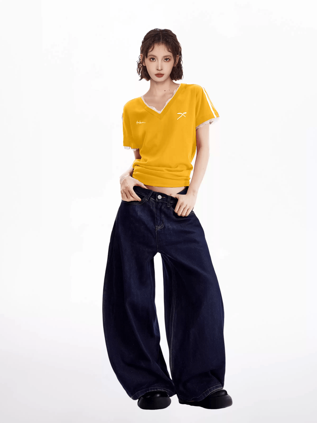 Lace Trim V - Neck Fitted Cotton Tee - COPPING THREADS - CT Select