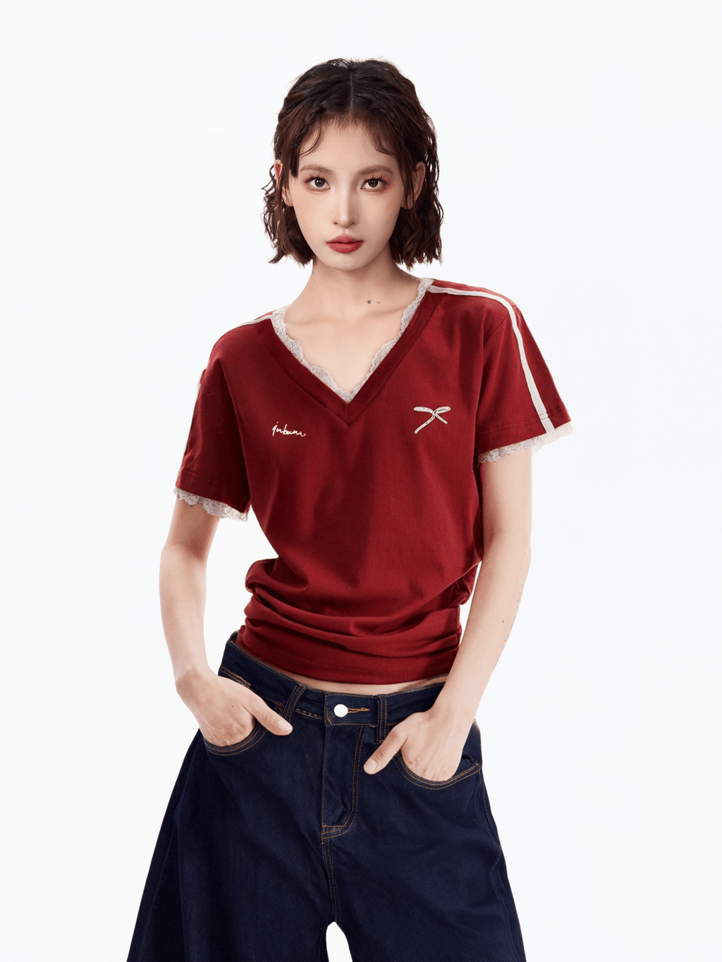 Lace Trim V - Neck Fitted Cotton Tee - COPPING THREADS - CT Select