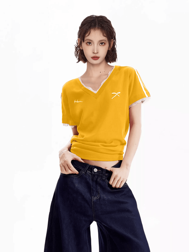 Lace Trim V-Neck Fitted Cotton Tee Main Image