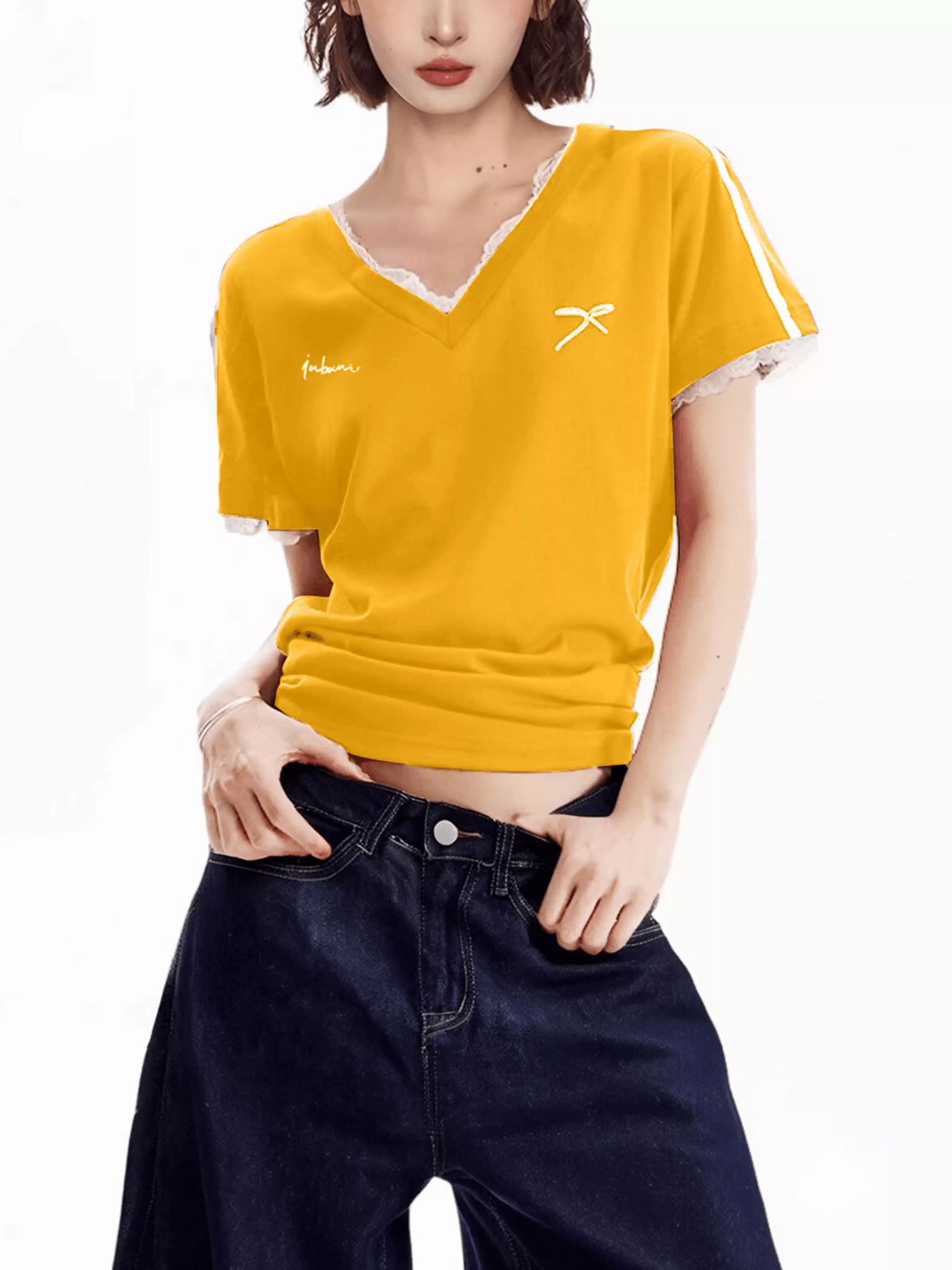 Lace Trim V - Neck Fitted Cotton Tee - COPPING THREADS - CT Select