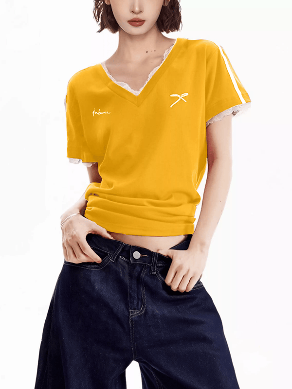 Lace Trim V - Neck Fitted Cotton Tee - COPPING THREADS - CT Select