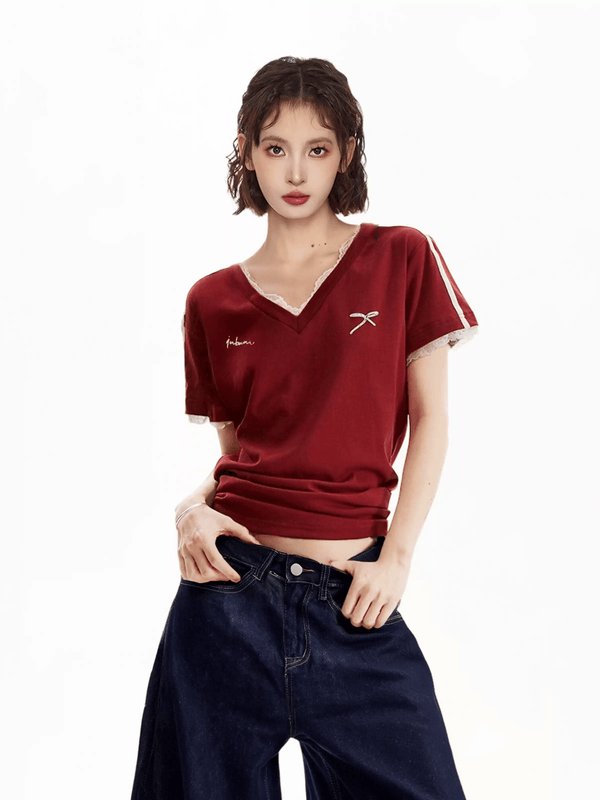Lace Trim V - Neck Fitted Cotton Tee - COPPING THREADS - CT Select