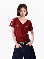 Lace Trim V - Neck Fitted Cotton Tee - COPPING THREADS - CT Select