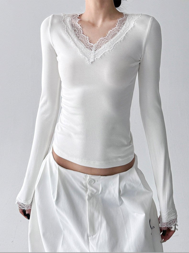 Lace-Trim V-Neck Fitted Long-Sleeve Top - CT5140 - COPPING THREADS - CT ORIGINALS