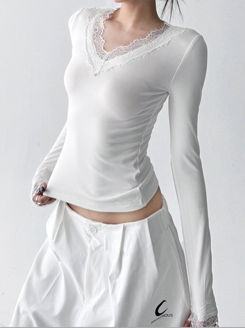 Lace-Trim V-Neck Fitted Long-Sleeve Top - CT5140 - COPPING THREADS - CT ORIGINALS