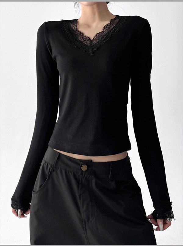 Lace-Trim V-Neck Fitted Long-Sleeve Top - CT5140 - COPPING THREADS - CT ORIGINALS