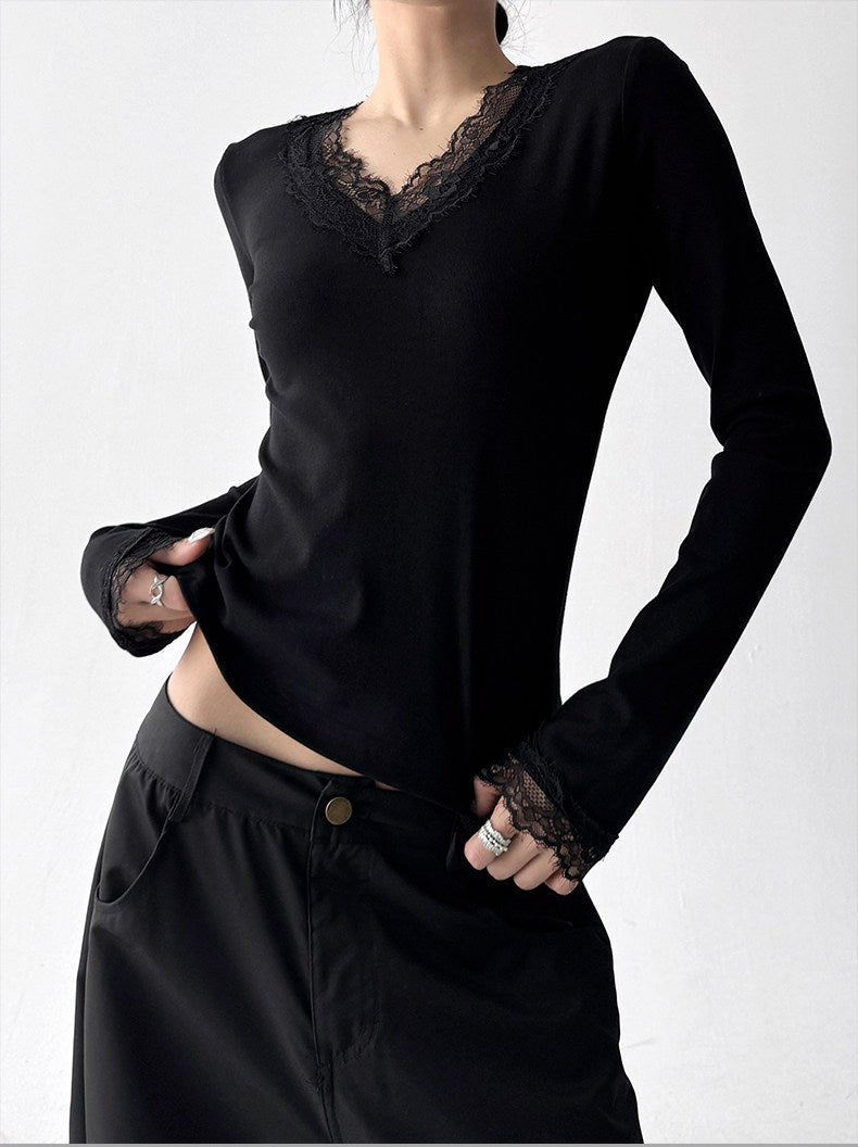 Lace-Trim V-Neck Fitted Long-Sleeve Top - CT5140 - COPPING THREADS - CT ORIGINALS