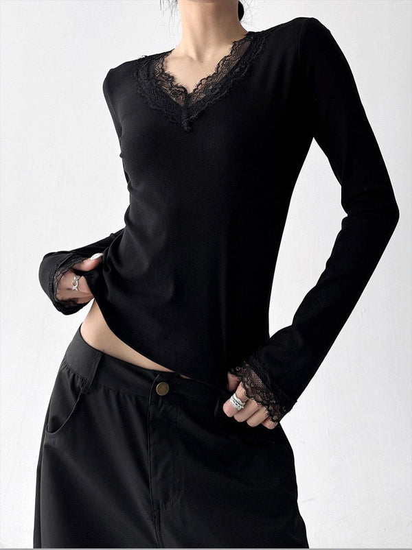 Lace-Trim V-Neck Fitted Long-Sleeve Top - CT5140 - COPPING THREADS - CT ORIGINALS