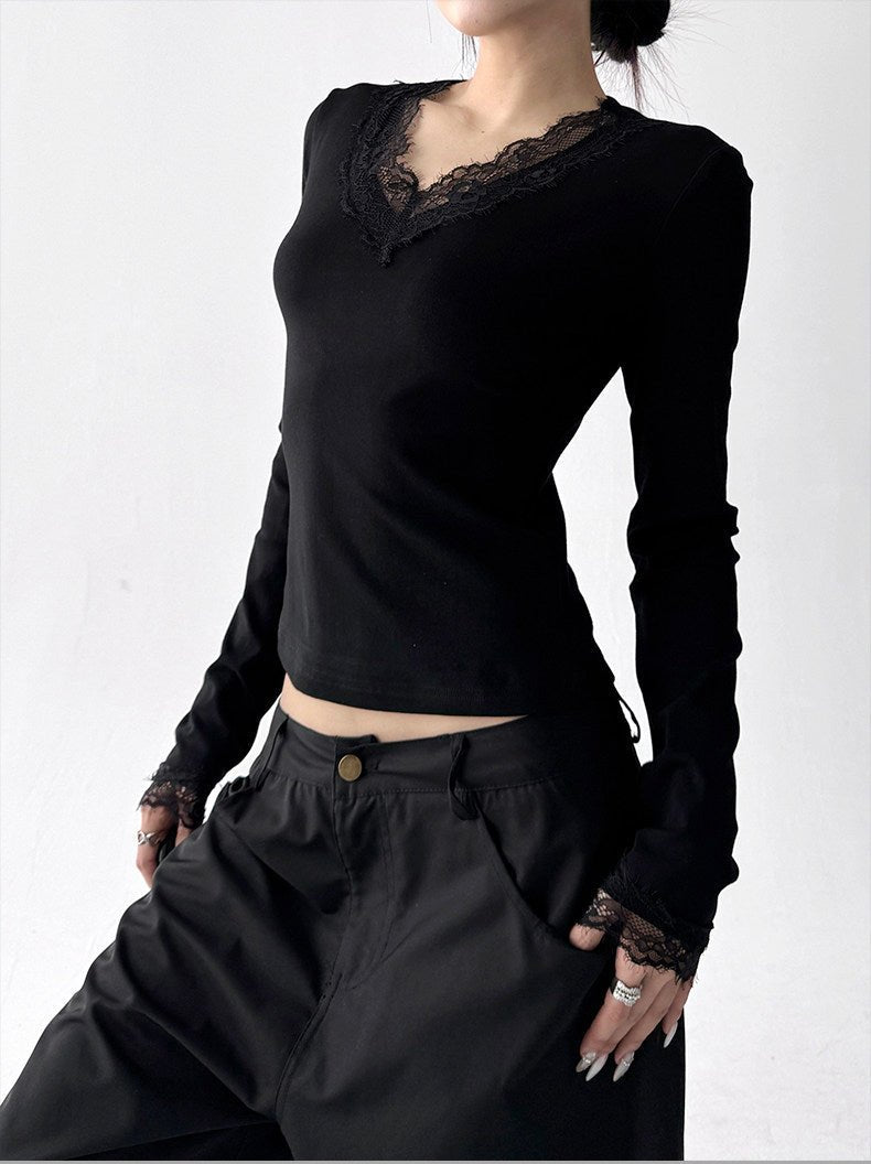 Lace-Trim V-Neck Fitted Long-Sleeve Top - CT5140 Secondary image