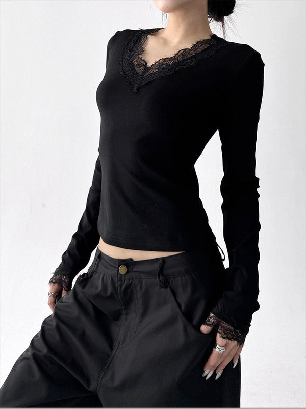 Lace-Trim V-Neck Fitted Long-Sleeve Top - CT5140 - COPPING THREADS - CT ORIGINALS