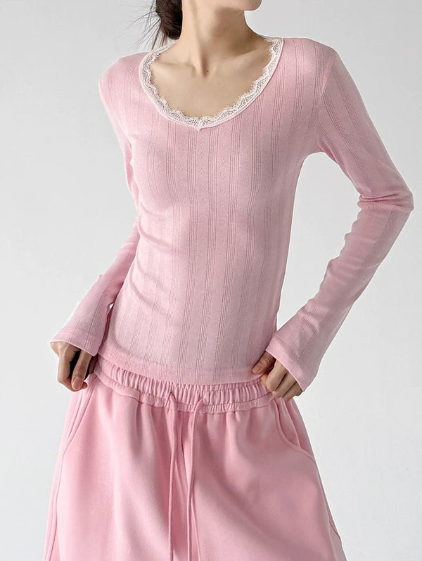 Lace-Trim V-Neck Long-Sleeve T-Shirt - COPPING THREADS - CT ORIGINALS
