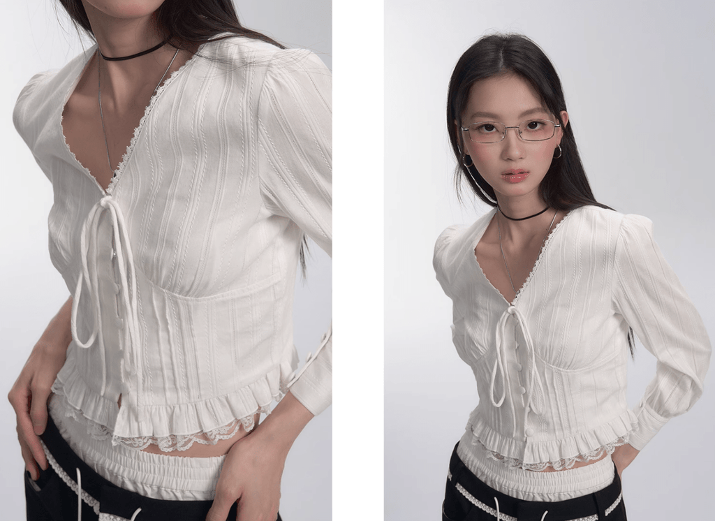 Lace Trim V - Neck Tie Blouse - COPPING THREADS - FRAGILE HEART