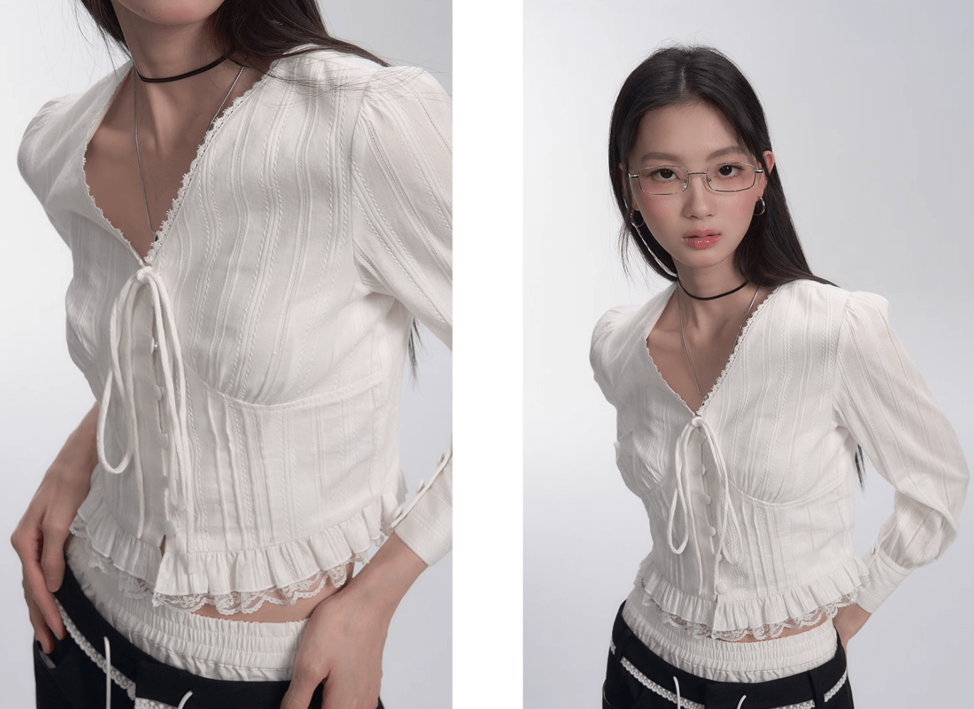 Lace Trim V - Neck Tie Blouse - COPPING THREADS - FRAGILE HEART