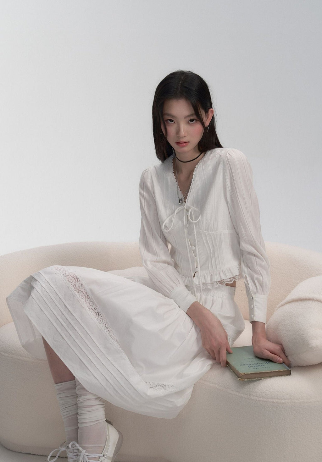 Lace Trim V - Neck Tie Blouse - COPPING THREADS - FRAGILE HEART